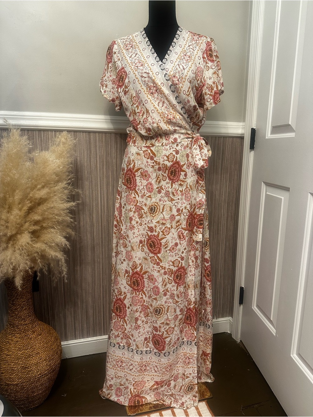Temofon XL Boho Floral Maxi Wrap Dress Pink Rust Cream Cottagecore
